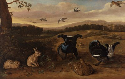 Gibier noir, lapins et hirondelles dans un parc - Leonard Knyff